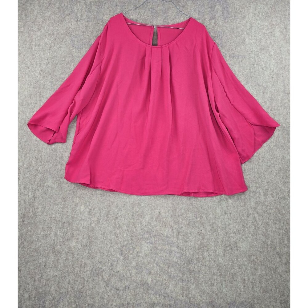 Womens Loose Fit Pink Blouse Keyhole Back Lightweight 3/4 Sleeve Flowy Style